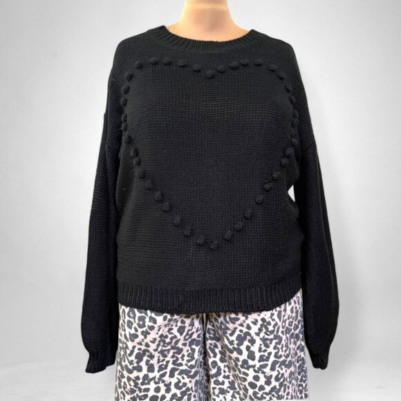 ANDREE' By Unit Pom Pom Heart Black Sweater, NEW WITH TAGS! Size 2XL - Picture 1 of 11